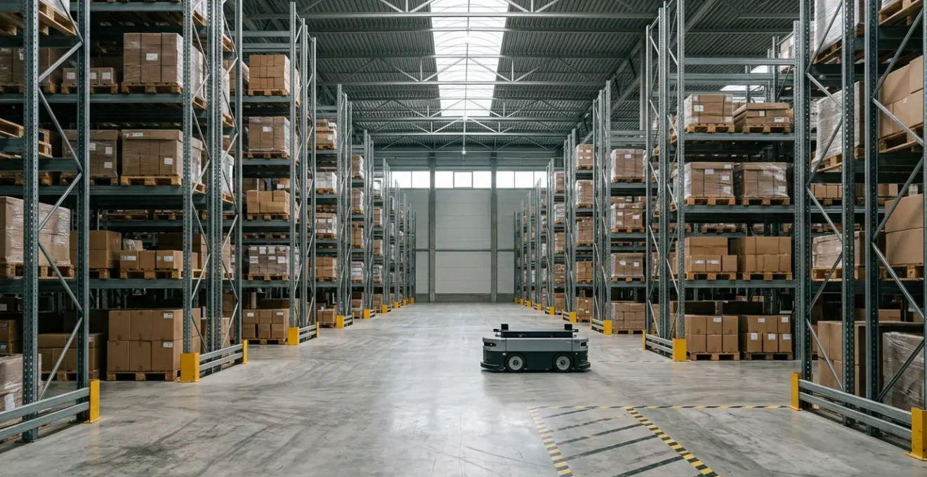 Modern warehouse environment showcasing autonomous mobile robots navigating among storage racks