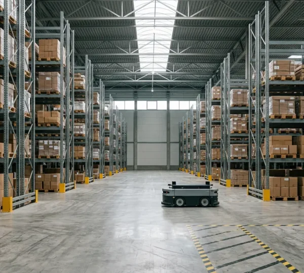 Modern warehouse environment showcasing autonomous mobile robots navigating among storage racks