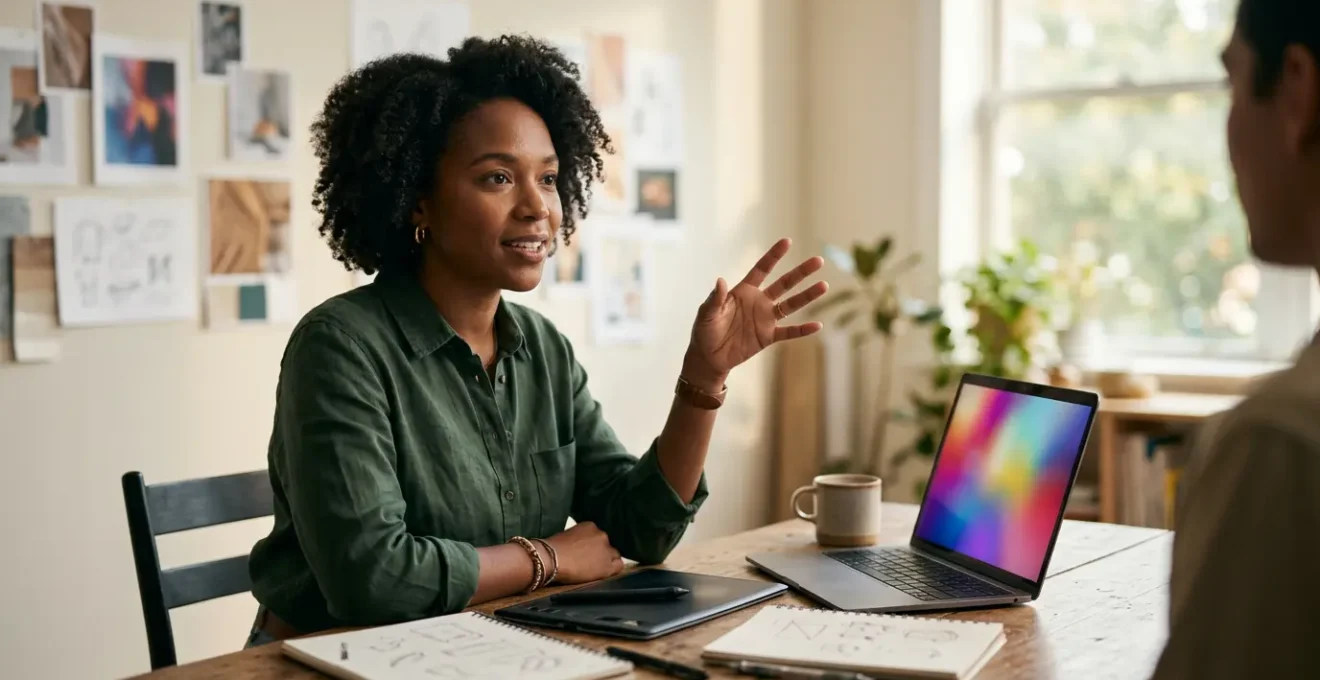 Professional designer working collaboratively with AI technology in modern creative studio environment