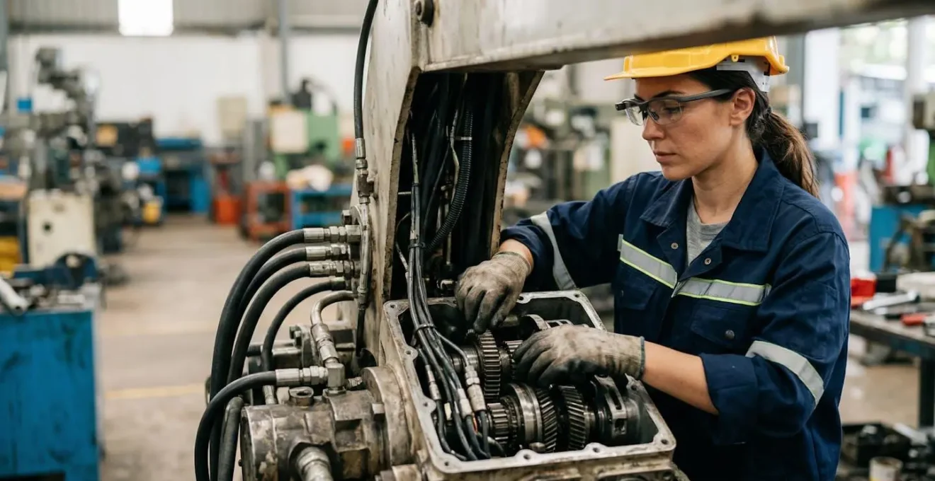 Industrial technician wearing AR smart glasses during equipment maintenance training in modern manufacturing facility