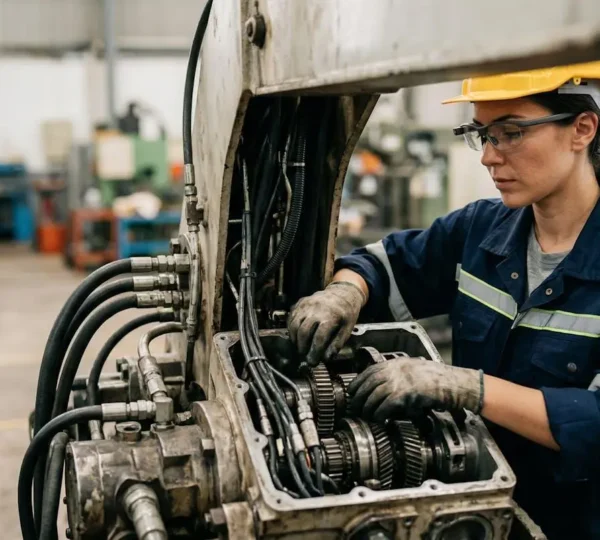 Industrial technician wearing AR smart glasses during equipment maintenance training in modern manufacturing facility