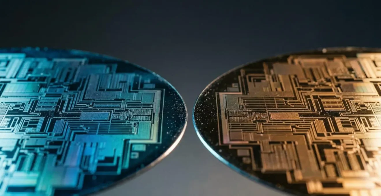 Two contrasting microprocessor architectures represented through abstract silicon wafer photography in dramatic lighting
