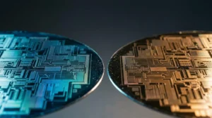 Two contrasting microprocessor architectures represented through abstract silicon wafer photography in dramatic lighting