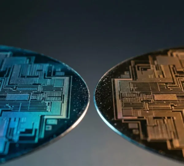 Two contrasting microprocessor architectures represented through abstract silicon wafer photography in dramatic lighting