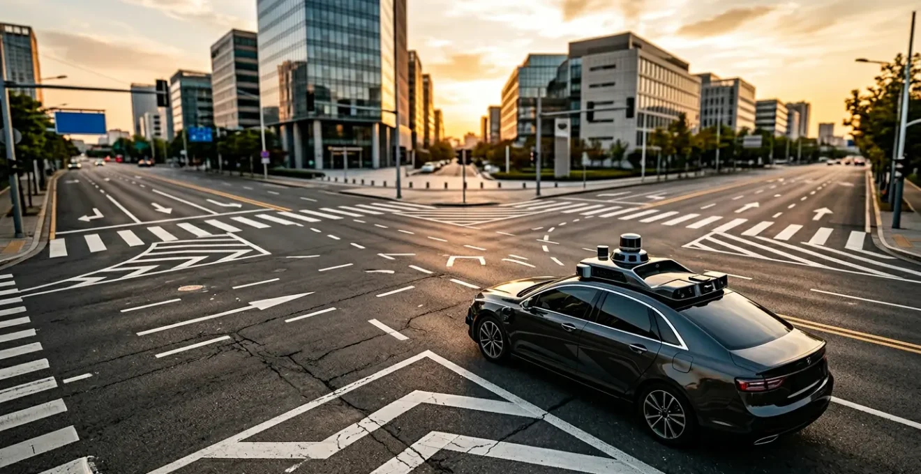 Conceptual representation of autonomous vehicle navigating complex ethical decision in urban environment