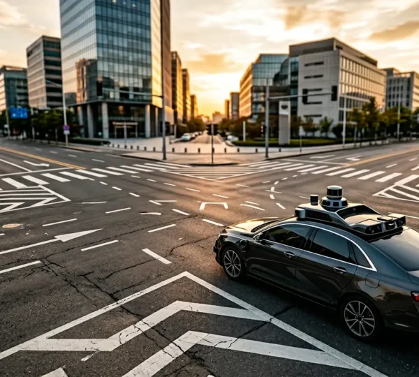 Conceptual representation of autonomous vehicle navigating complex ethical decision in urban environment