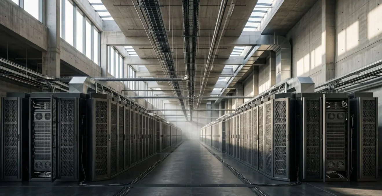 Wide environmental shot showing data center cooling systems with atmospheric perspective