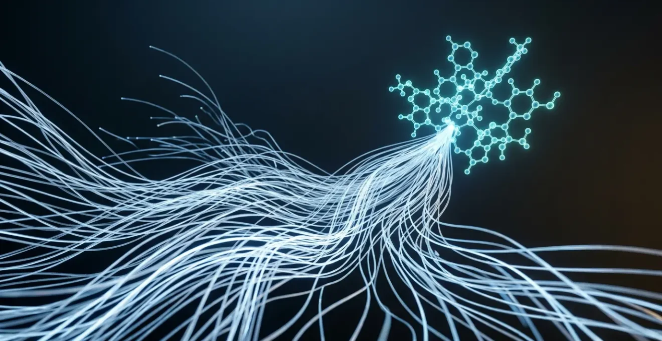 Abstract visualization representing the acceleration of pharmaceutical research through computational analysis and data integration