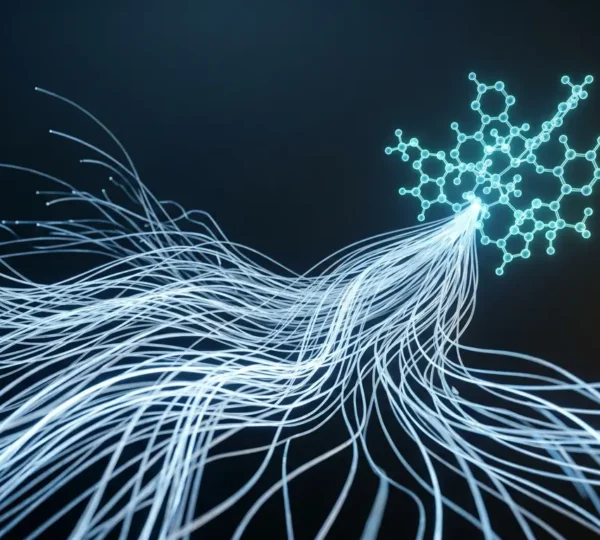 Abstract visualization representing the acceleration of pharmaceutical research through computational analysis and data integration