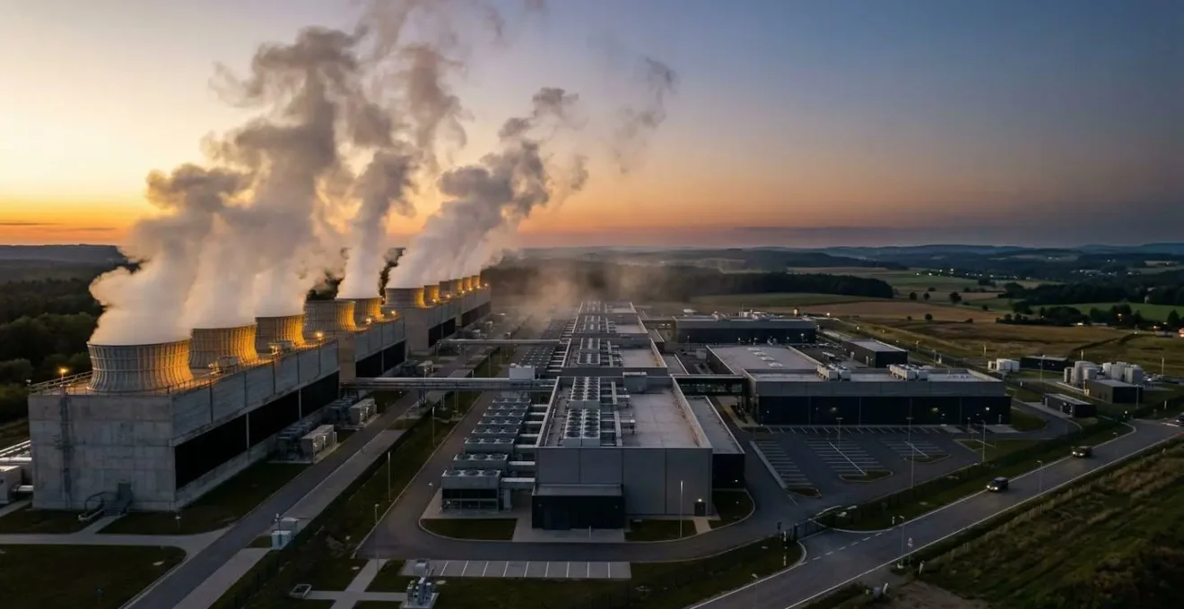 Massive data center infrastructure with cooling systems and server racks demonstrating environmental impact
