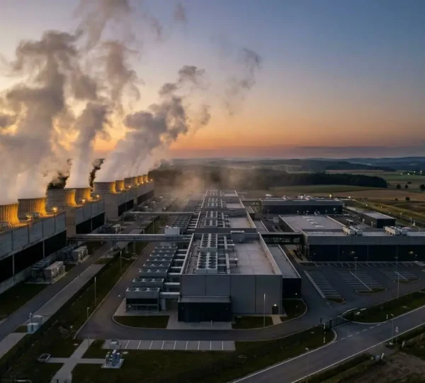 Massive data center infrastructure with cooling systems and server racks demonstrating environmental impact