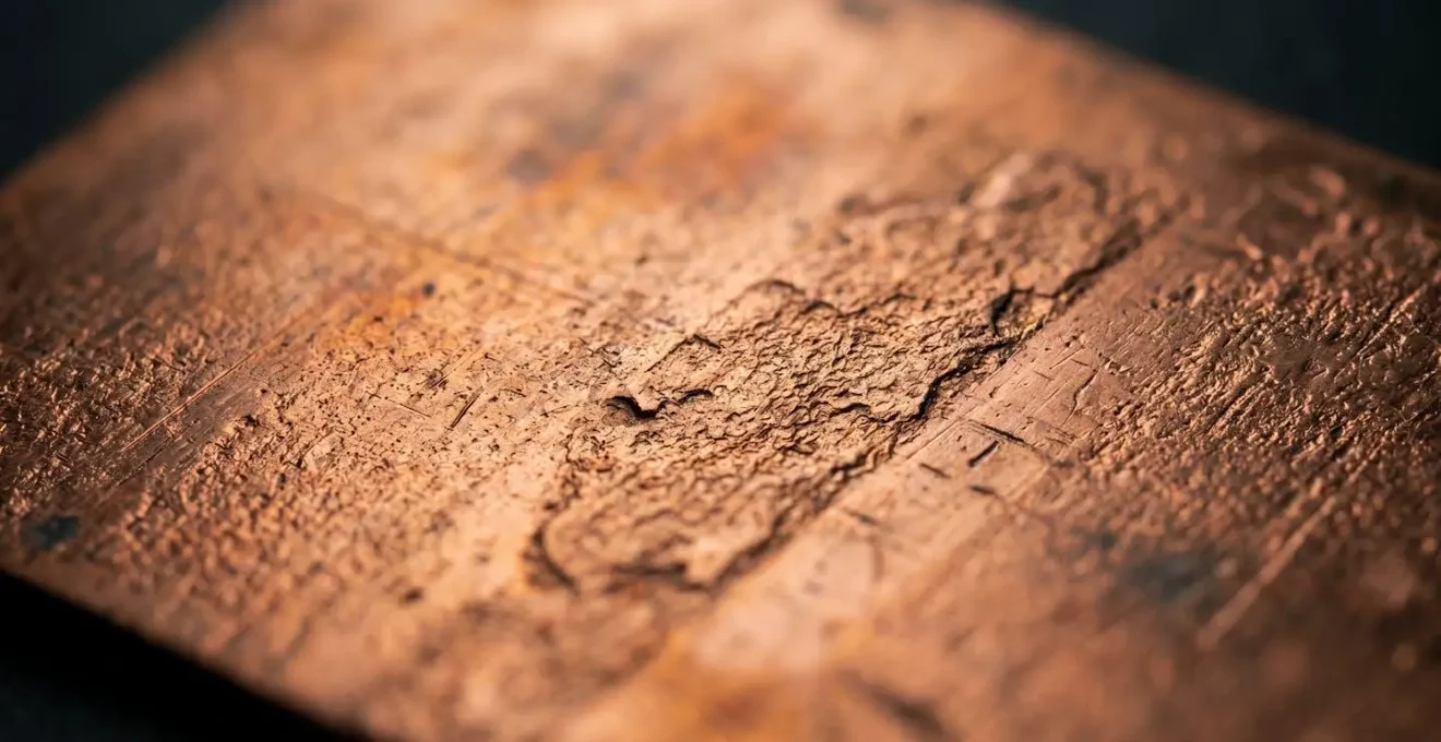 Extreme close-up of copper PCB substrate showing material texture and manufacturing precision