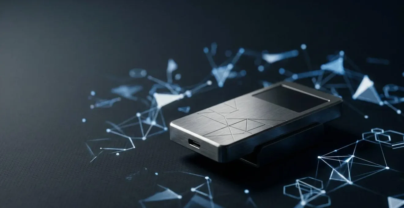 Hardware wallet device secured with digital lock symbols representing crypto self-custody protection from exchange collapse