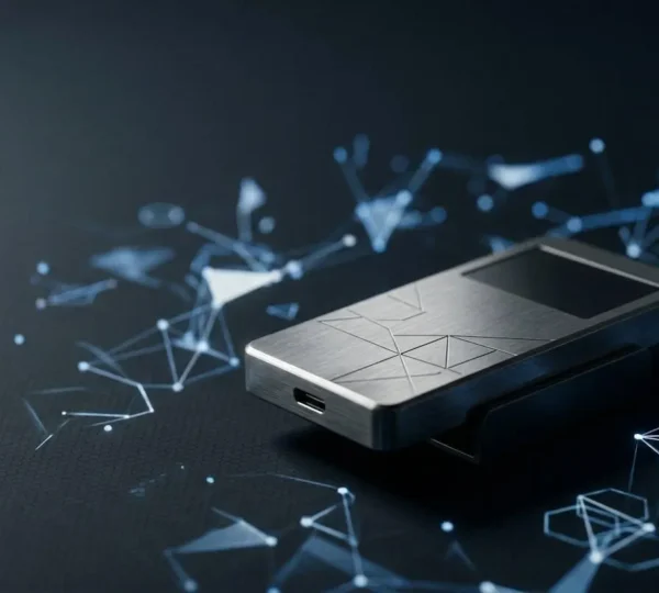 Hardware wallet device secured with digital lock symbols representing crypto self-custody protection from exchange collapse