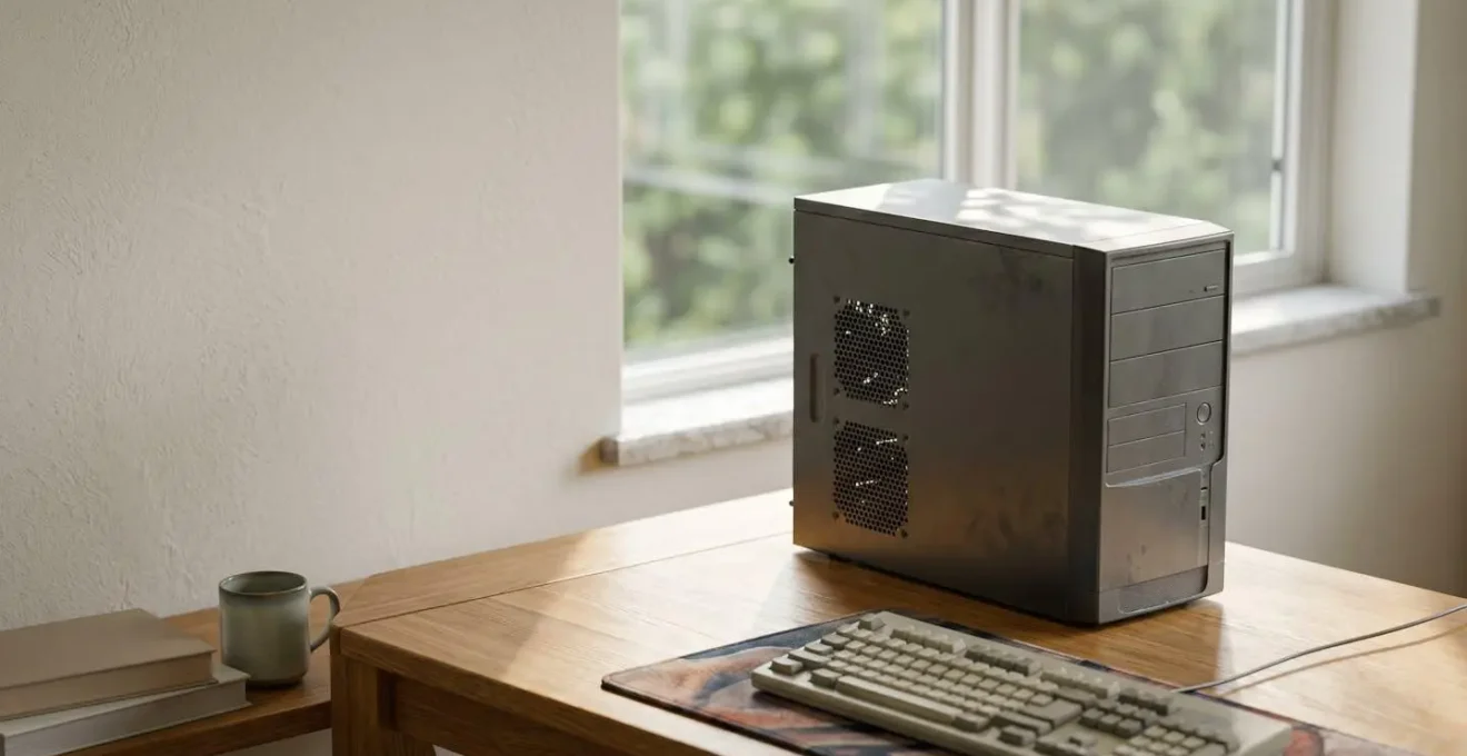 Wide environmental shot showing a repurposed desktop computer in a minimalist home office setting emphasizing longevity and sustainability
