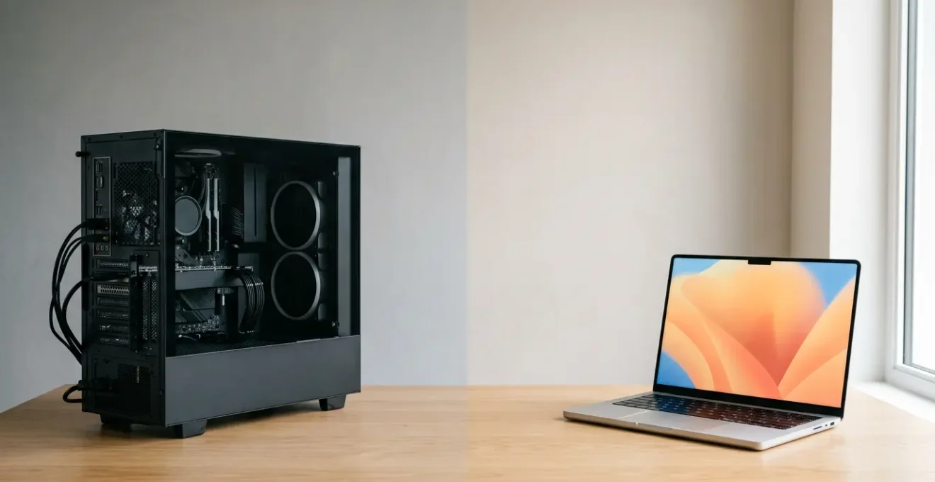 Desktop computer tower and laptop positioned side by side representing the choice between the two for remote work professionals