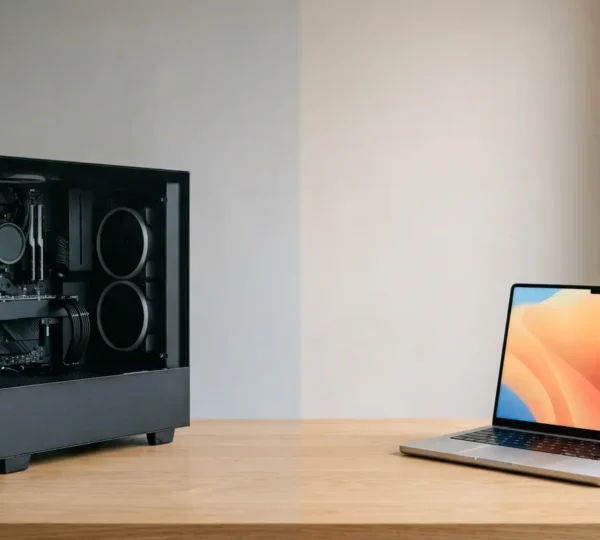 Desktop computer tower and laptop positioned side by side representing the choice between the two for remote work professionals