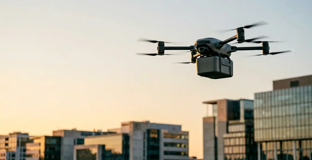 Professional editorial photograph of a commercial delivery drone hovering in clean urban airspace with intentional negative space