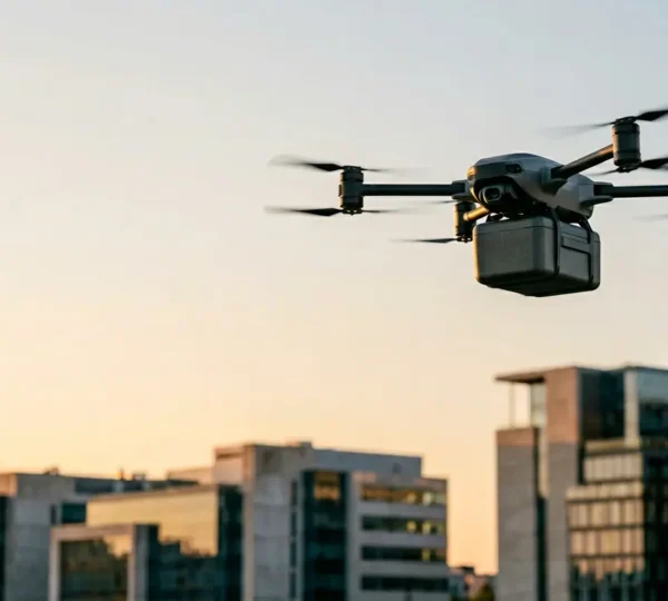 Professional editorial photograph of a commercial delivery drone hovering in clean urban airspace with intentional negative space
