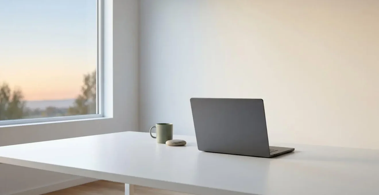Environmental wide-angle shot showing minimalist tech workspace with ambient lighting suggesting intelligent automated systems