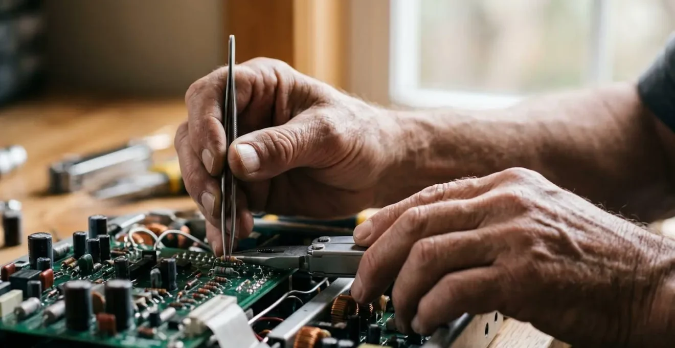 Close-up of senior engineer's hands working with modern hardware tools in professional setting
