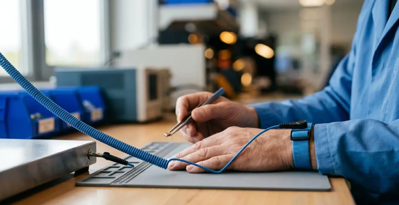 Close-up of engineer's hands performing ESD workstation grounding verification in electronics laboratory