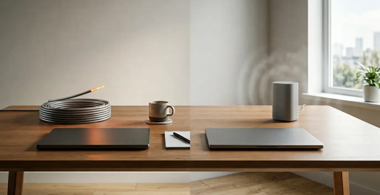 Professional editorial photograph comparing fiber optic and wireless 5G home internet technology for remote work reliability