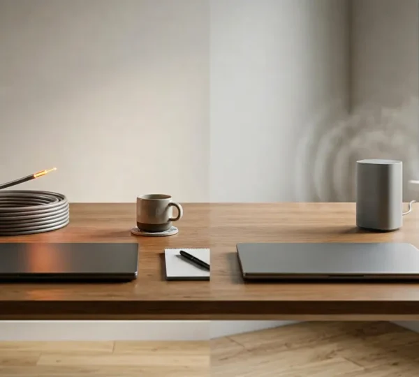 Professional editorial photograph comparing fiber optic and wireless 5G home internet technology for remote work reliability