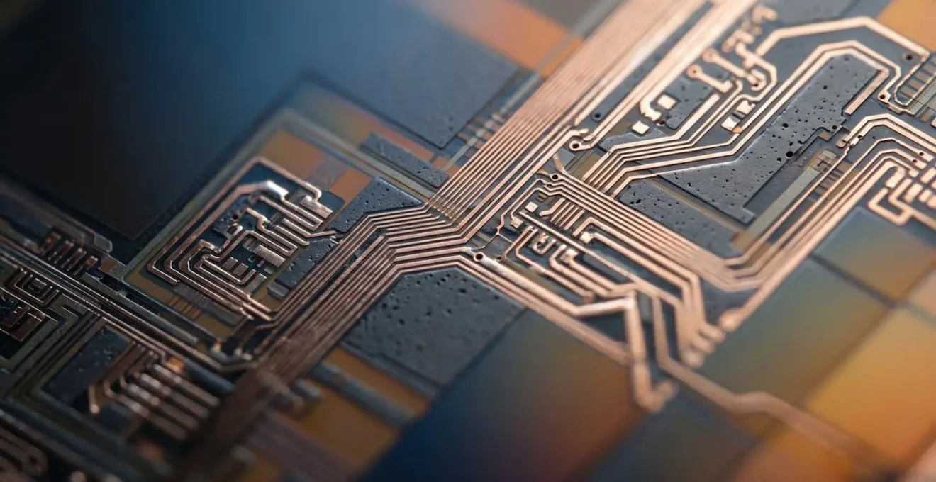 Extreme close-up macro photograph of FPGA silicon chip surface showing intricate circuit patterns