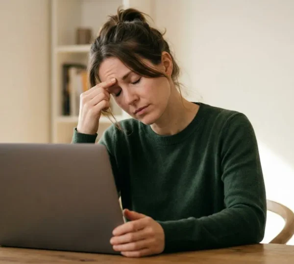 Professional editorial photograph showing customer frustration during digital support interaction