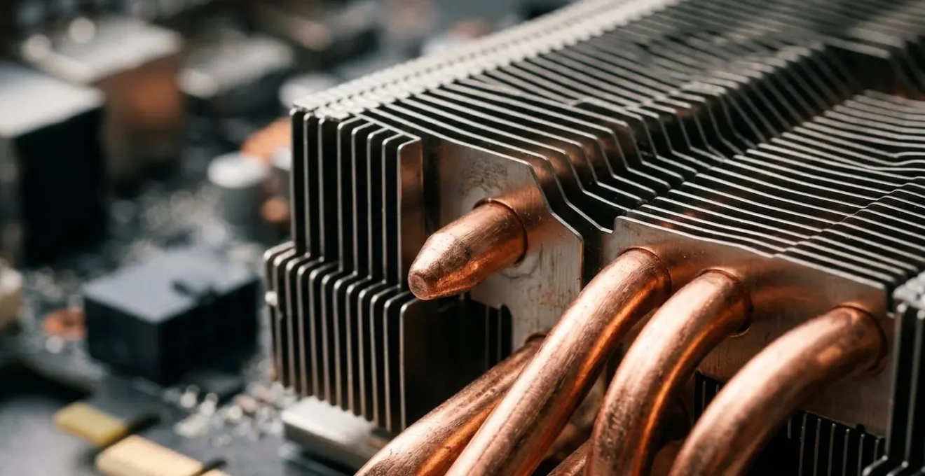 Macro close-up of computer GPU graphics card heat pipes and cooling fins showing processing intensity