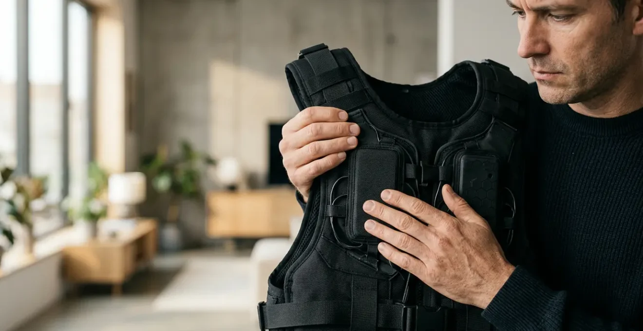 Person examining VR haptic suit vest in modern minimalist setting contemplating purchase decision