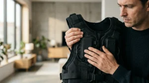 Person examining VR haptic suit vest in modern minimalist setting contemplating purchase decision