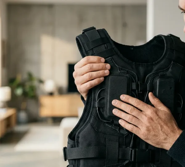 Person examining VR haptic suit vest in modern minimalist setting contemplating purchase decision