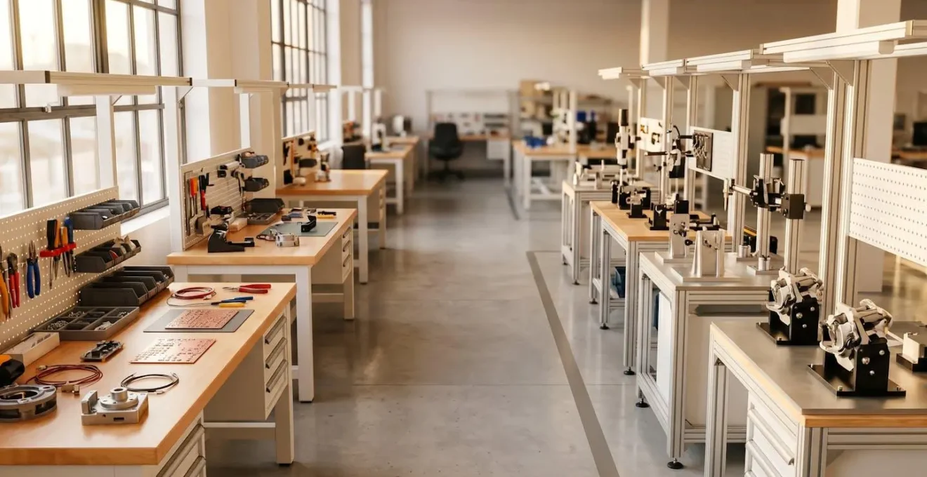 Clean manufacturing workspace showing transition from prototype to small batch production
