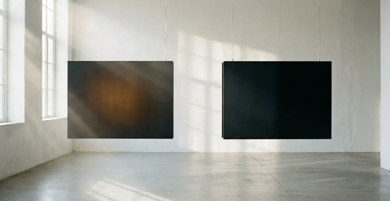 Two premium TV display panels side by side in a sunlit room showing contrast between technologies