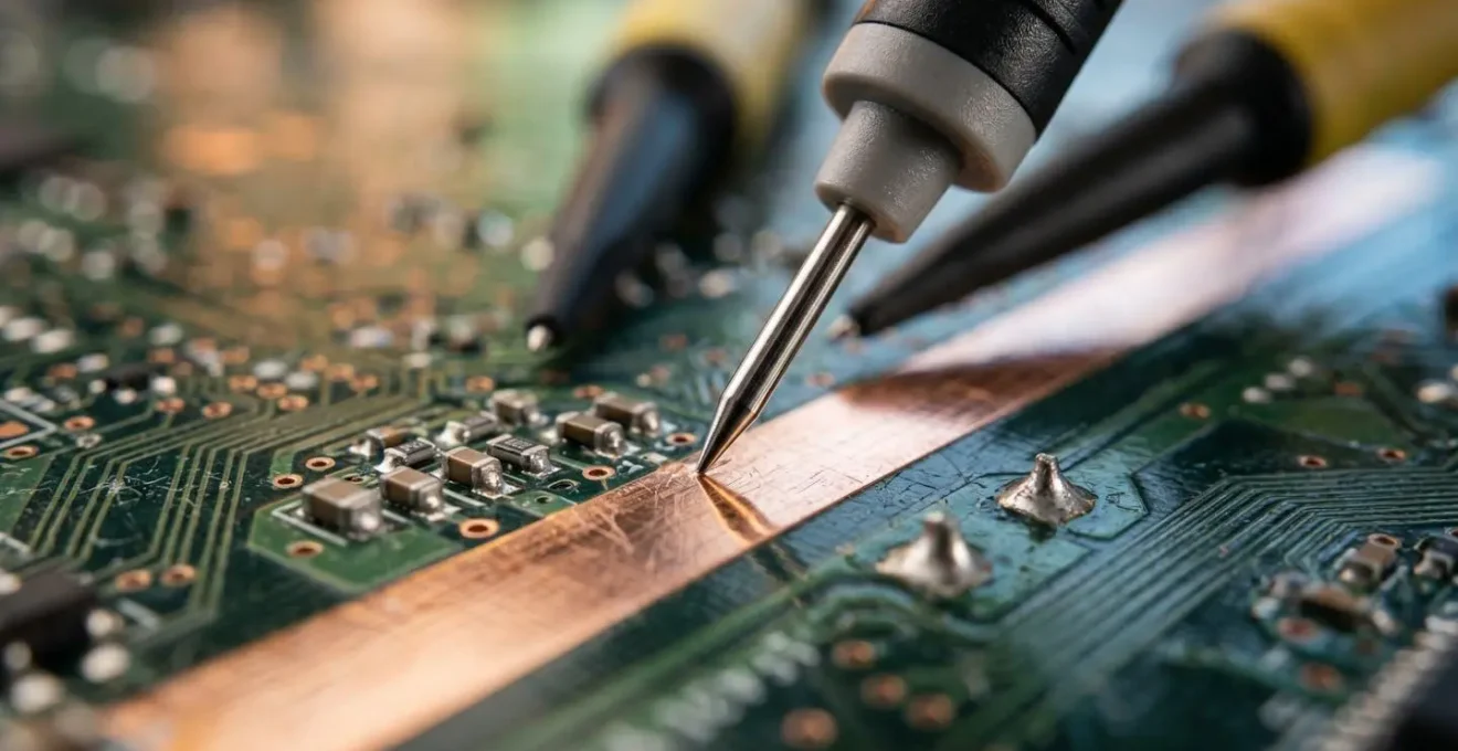 Macro detail of oscilloscope probe measuring power rail noise on PCB circuit board