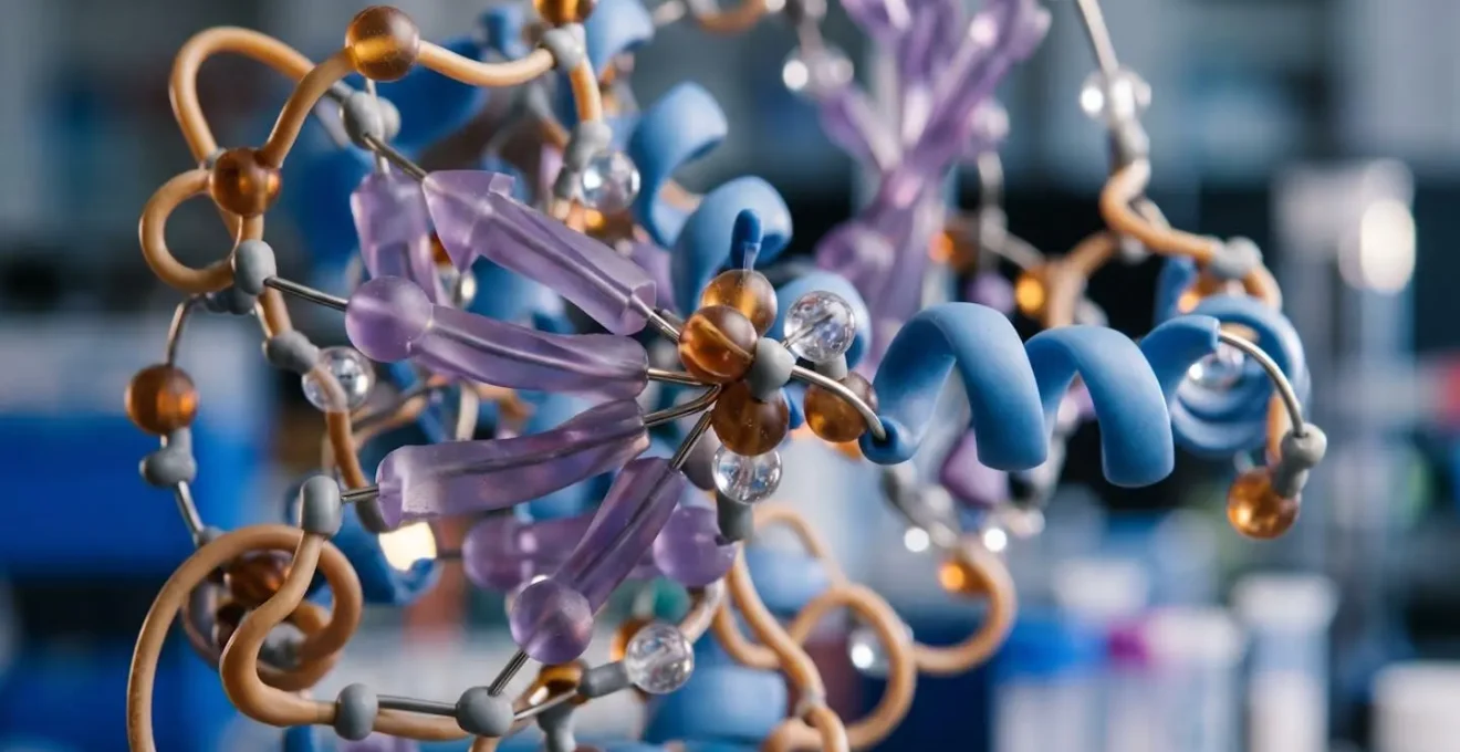 Detailed macro view of protein molecular structure showing complex three-dimensional folding patterns predicted by artificial intelligence