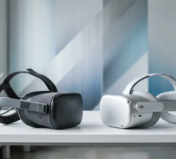 Meta Quest 3 and Quest 2 VR headsets side by side comparison in modern tech environment