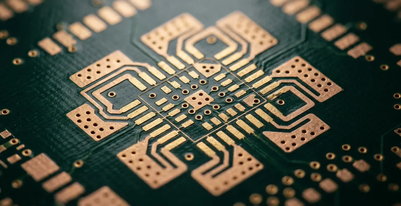 Close-up of a printed circuit board with multiple component footprints showing strategic thermal management design for chip shortage resilience