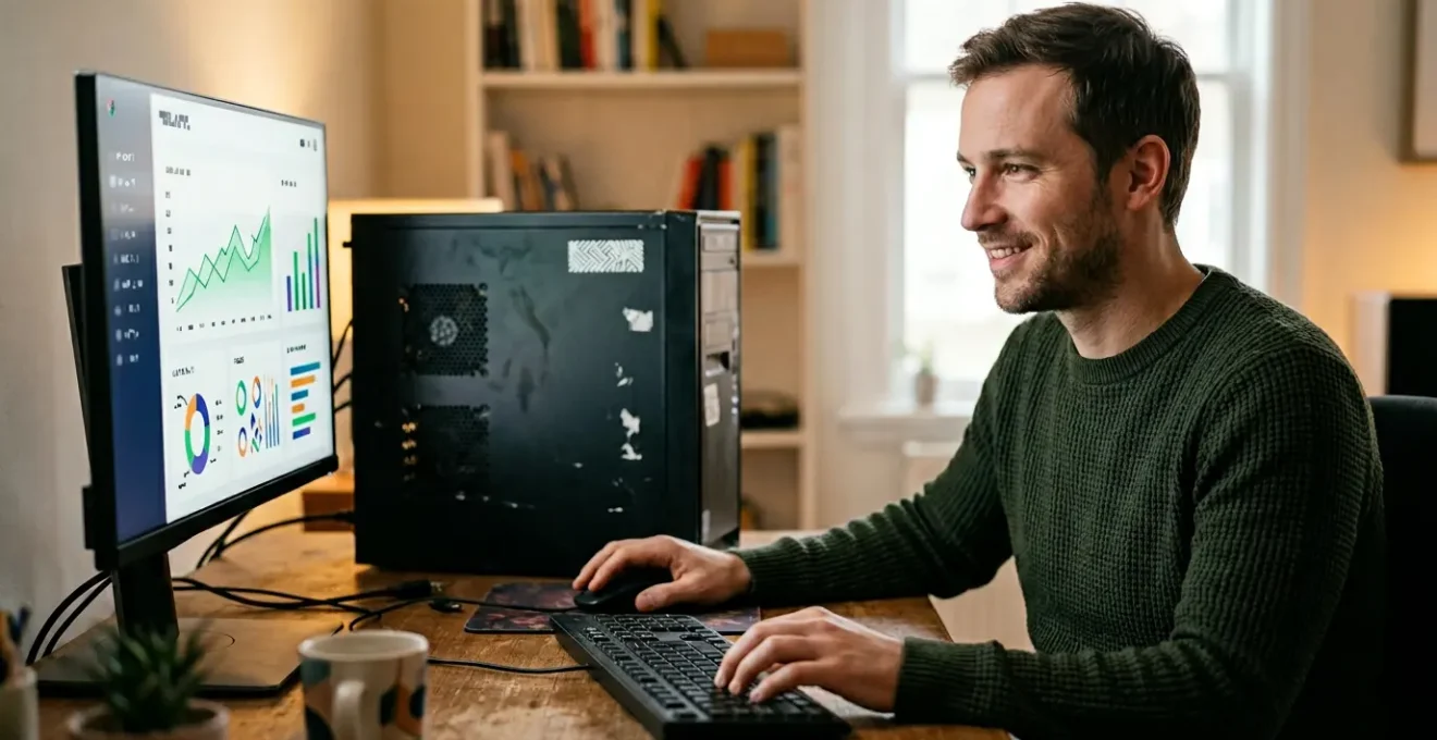 Person working on an aging desktop computer showing renewed performance through software optimization