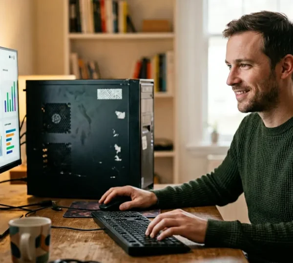 Person working on an aging desktop computer showing renewed performance through software optimization