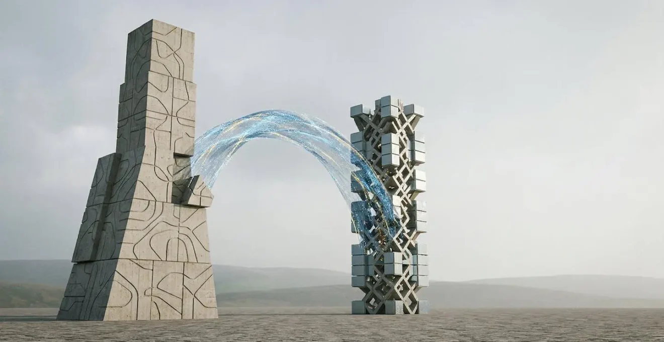 Abstract visualization of secure cross-chain blockchain asset transfer without text or UI elements