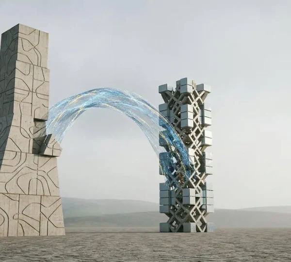 Abstract visualization of secure cross-chain blockchain asset transfer without text or UI elements