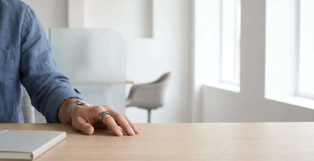 Professional wearing smart ring in modern office demonstrating continuous biometric authentication concept