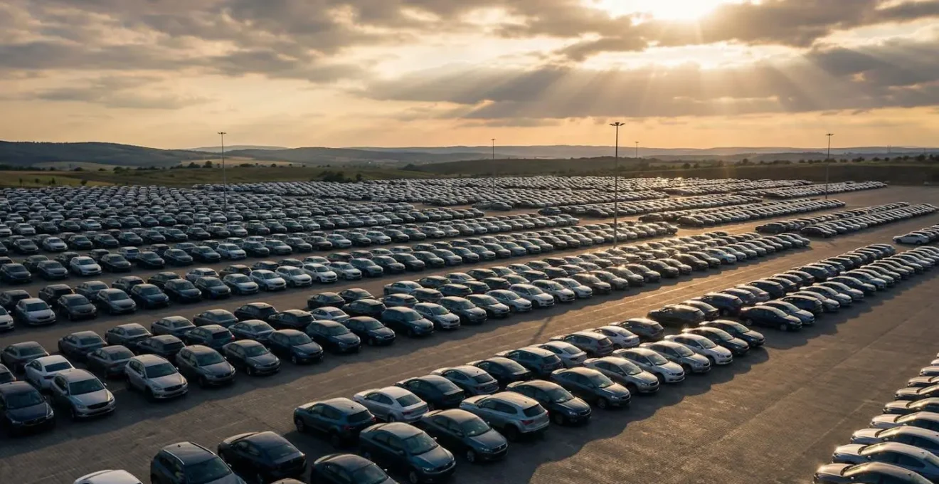 Nearly finished vehicles parked in vast storage lot waiting for semiconductor chip installation