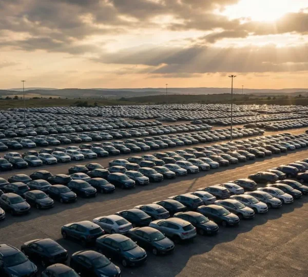 Nearly finished vehicles parked in vast storage lot waiting for semiconductor chip installation