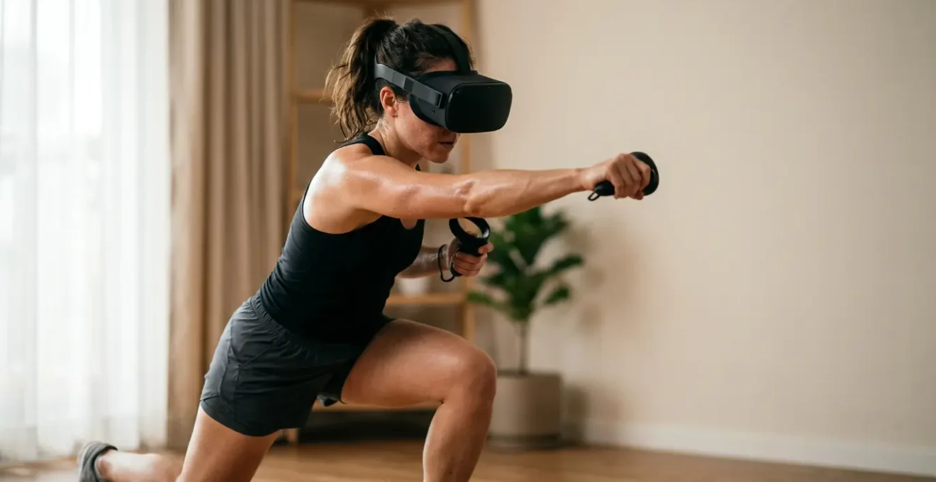 Person wearing VR headset during an intense fitness gaming session with dynamic movement