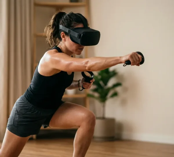 Person wearing VR headset during an intense fitness gaming session with dynamic movement