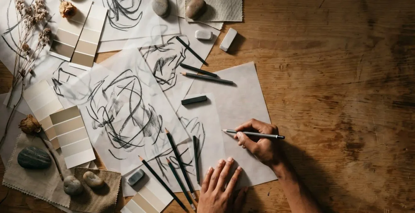 Abstract visual representation of creative brainstorming with AI as collaborative tool showing concept exploration and iteration